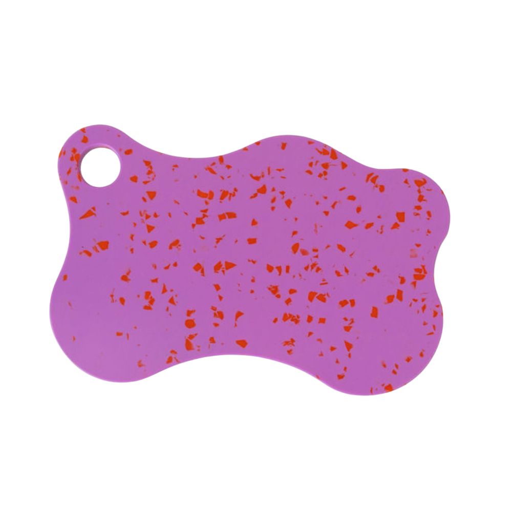 Nibble & Rest Raspberry Mini Chopping Board featuring a vibrant purple and red orange speckled design with a hanging hole.